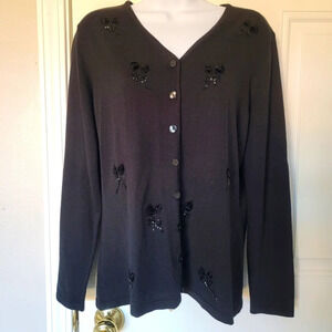 Yarnworks Black Cardigan Sweater Beaded Velvet Rose Detail M